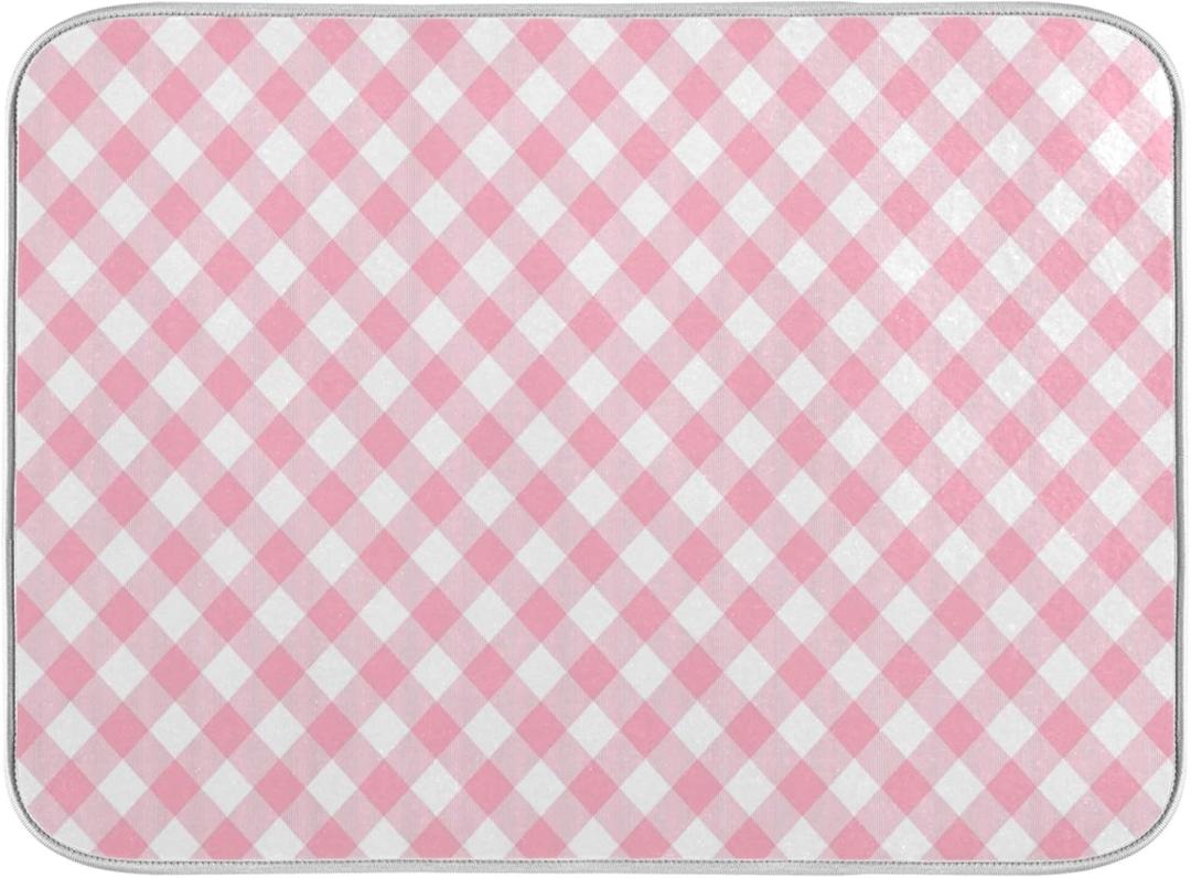 ATTX Pink Gingham Dish Drying Mat for Kitchen, Easy Clean Dishwasher Safe Heat Resistant Eco-Friendly Countertop Mat, 16 X 18 inches