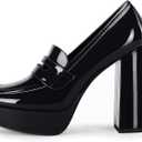 Coutgo Womens Platform Heels Loafers Chunky High Heel Closed Toe Patent Leather Shoes Penny Loafer Business Dress Work Pumps (Black, 9)