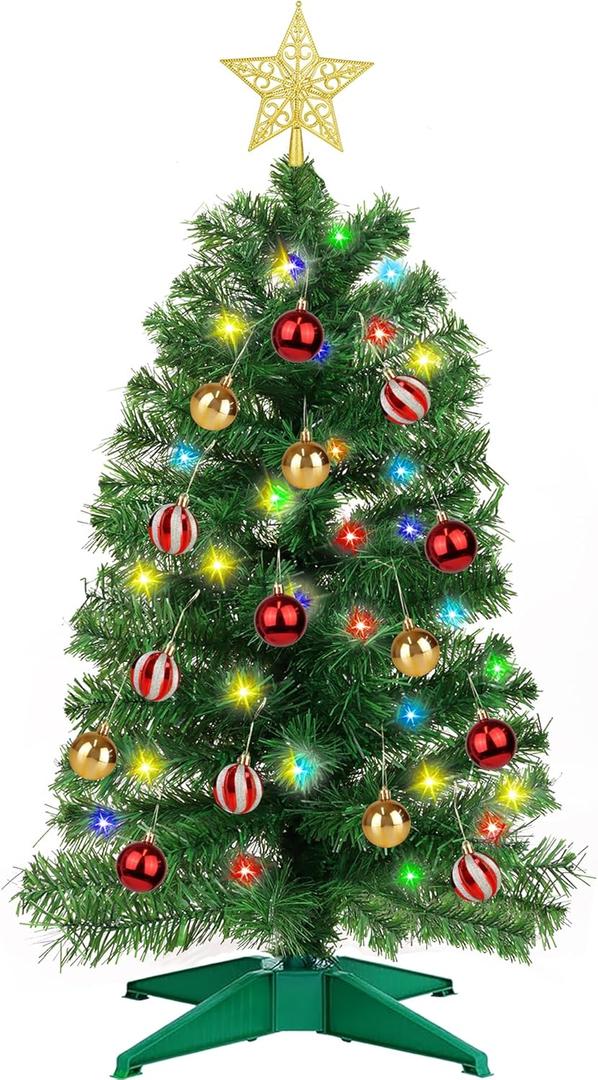 3FT Green Christmas Tree Tinsel with 50 Warm White & Multi Color Fariy Light 3D Star 15 Ball Ornament, 12 Light Modes Timer Battery Operated Small Artificial Full Xmas Tree Table Indoor Holiday Decor