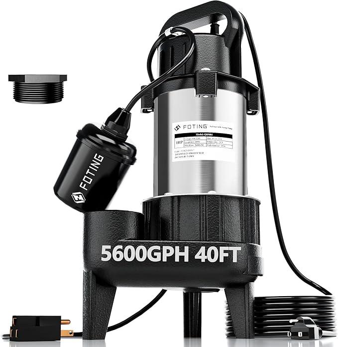FOTING 1HP 5600 GPH 40FT Sump Pump Submersible Sewage/Effluent Pump - Heavy Duty Cast Iron Automatic/Manual - 115V Septic Pump for Sump Basin/Residential/Sewage/Basement, 2'' NPT,Black