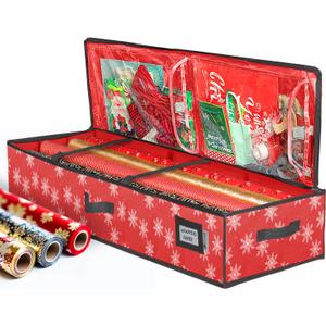HOLDN' STORAGE Premium Wrapping Paper Storage Container - Durable 600D Tear-Proof, Fits 27 Rolls Gift Wrap, Extra Pockets for Ribbons & Bows, Underbed Storage - Ideal for Holiday Christmas, Red/White Snowflakes