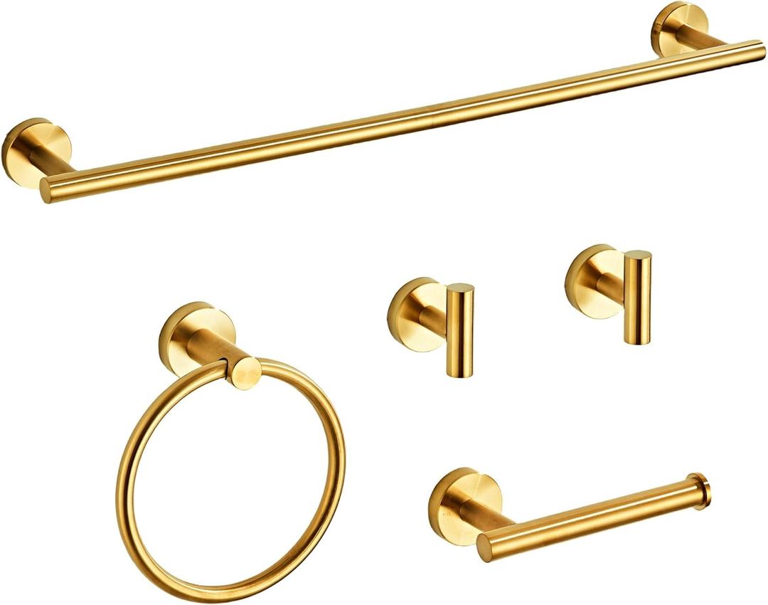 Brushed Gold Bathroom Hardware Set 5 Piece with Towel Racks for Bathroom, SUS304 Stainless Steel Bath Towel Bar Set, 24 Inch Wall Mounted Accessories Kit