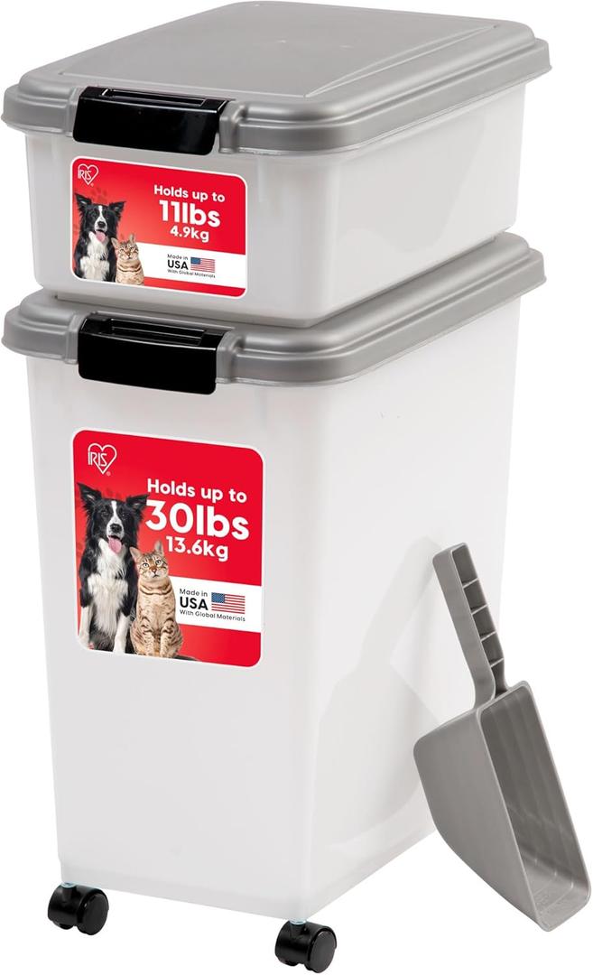 IRIS USA Dog Food Storage Container, 30 lbs & 11 lbs Combo, Cat Food Storage Container, Dog Treat Container, Airtight, Stackable, 2-Cup Scoop, Wheels, Easy Mobility, Silver (3 Piece Set, Chrome)