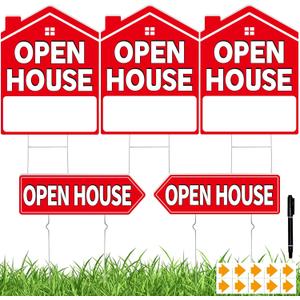 Open House Signs for Real Estate 5 Pack, 17"x13" Open House Sign Double Sided Waterproof, Directional Arrows with Metal Stakes for Real Estate Agent, Property Sale Red