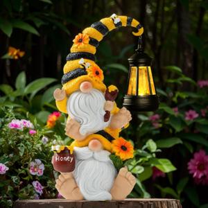 Solar Bee Garden Gnomes with LED Lantern  Waterproof Stacked Outdoor Decor for Yard, Patio  Unique Gnome Gift for Mom, Grandma, Women (Weatherproof Resin Outdoor Statues) (Multicolor)
