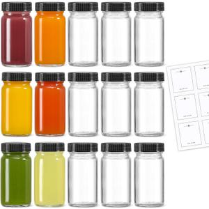 LANDNEOO 15 Pack 2 oz Glass Shot Mini Bottles w/Black Lids & 15 Labels - Small Clear Jar for Ginger, Wellness Shot, Juice, Sample, Whiskey - Travel Essentials - Wide Mouth, Leakproof, Dishwasher Safe