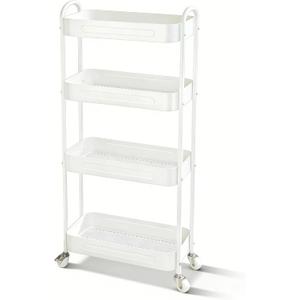4 Tier Slim Kitchen Storage Cart for Narrow Space, 7.1'' Wide Metal Rolling cart with Wheels and Lockable Casters, Sturdy Mobile Thin Shelf for Laundry Room Between Washer and Dryer, White