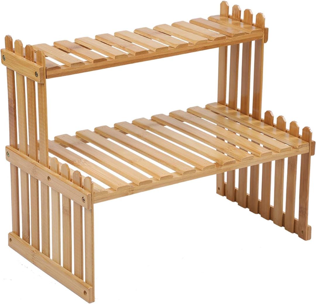 14.6"/18.5" 2 Tiers Bamboo Plant Stand Shelf,Desk Flower Pot Holder,Adjustable Desktop Shelf Display Organizer Ladder Rack for Office Decorate Storage Rack,Kitchen Rack (14.6" Length)