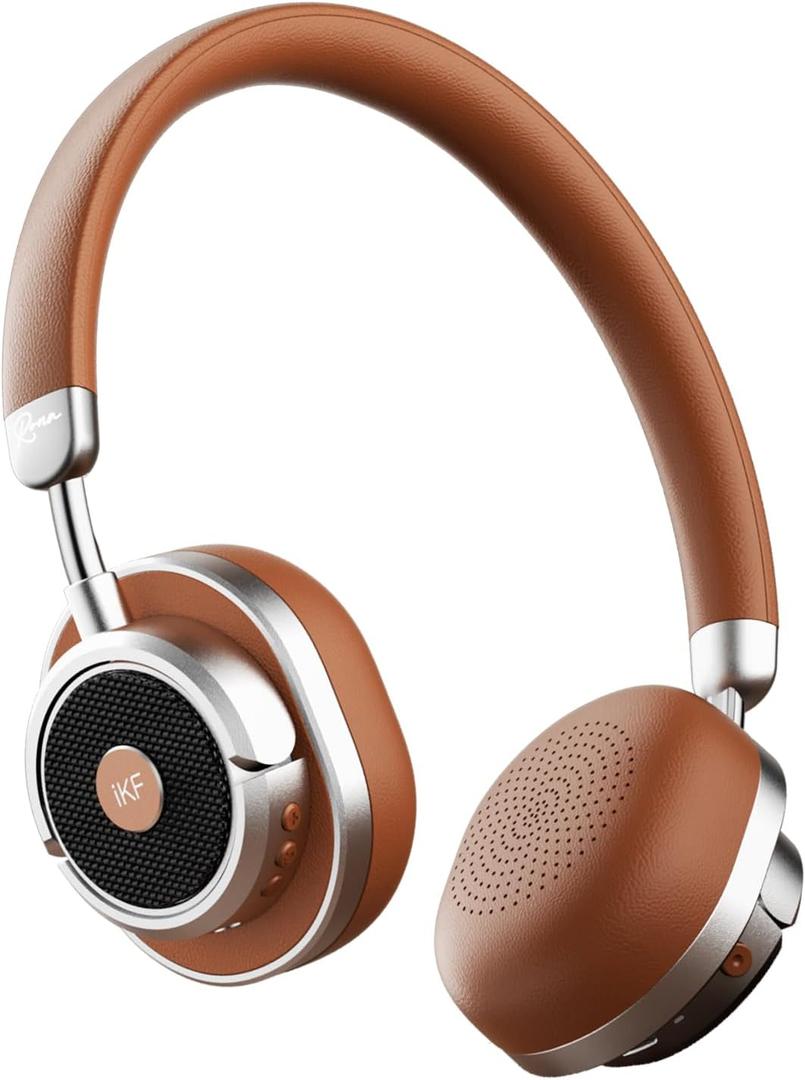 iKF Rona Retro Classic Active Noise Cancelling Wireless Headphones, Bluetooth On Ear Headset with Mic,75H Playback, Metal Vintage Design,3D Movie Sound,Wired,for Small Heads & Teens (Brown)