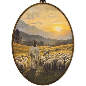 GWFSJYU Vintage Christian Jesus Lamb Framed Oval Wall Art Decor, Easter Good Shepherd Landscape Canvas Prints Wall Art, Rustic Jesus Religious Hanging Decor for Farmhouse Home Living Room, 8.7x11.3in
