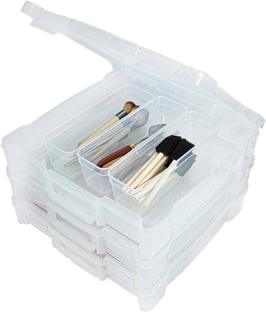 ArtBin 6913ZZ 12" x 12" Portable Art & Craft Organizer with Handle 3-Pack, [3] Plastic Storage Cases, Clear