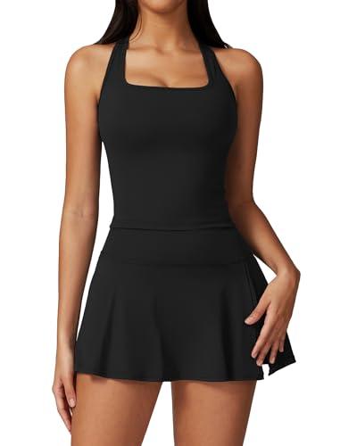 ABOCIW Athletic Dress for Women High Waist Tennis Skirt Sets 2 Piece Golf Outfits Side Slit Mini Skirt Skorts Square Neck Racerback Workout Crop Tank Top Black, Small