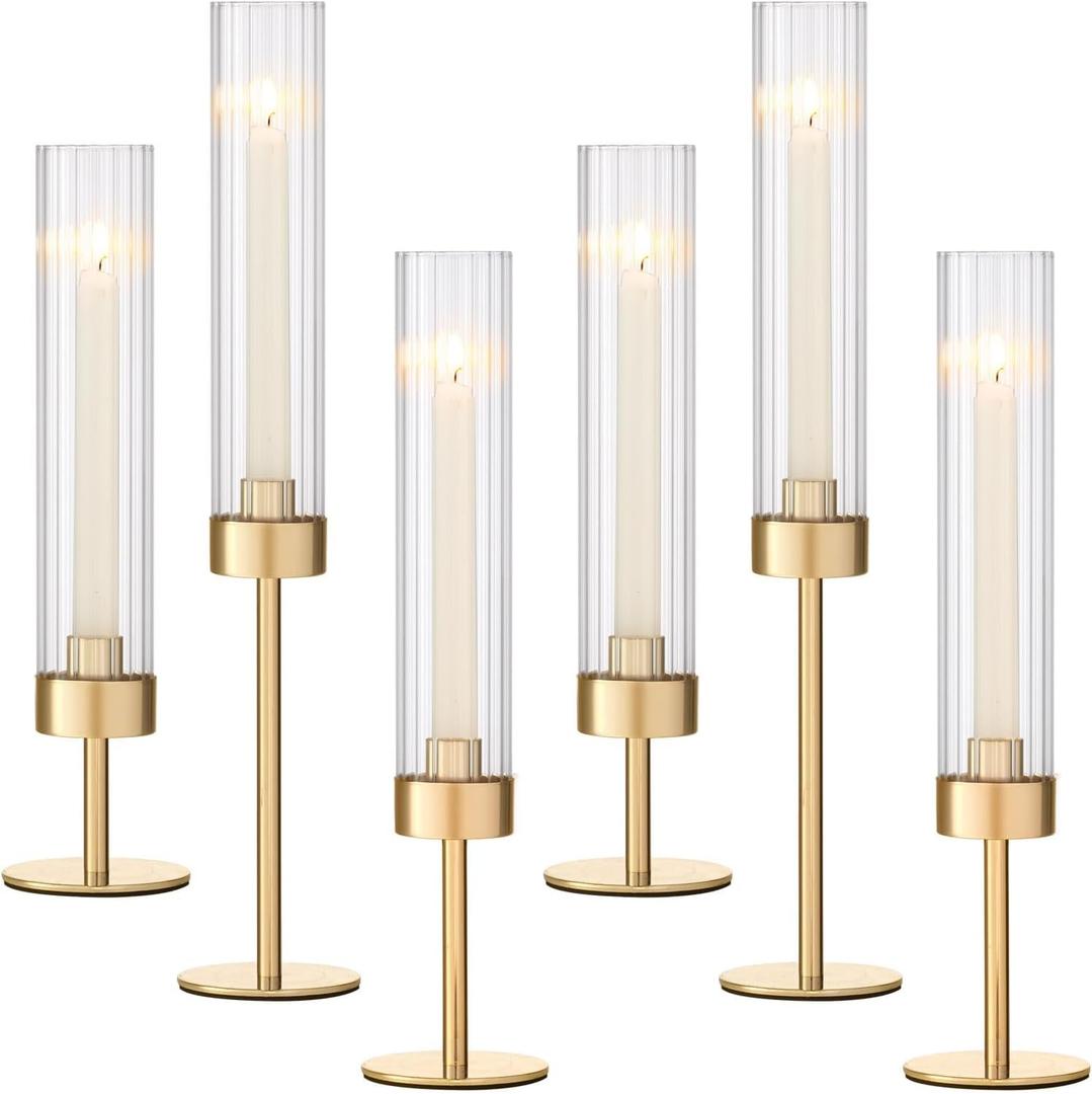 Gold Hurricane Candle Holders, Brass Candlestick Holders Set of 6 Tall Taper Candle Holders for Candlesticks Candle Sticks Holder Decor for Table Centerpiece Wedding Party Christmas Decorations - 6Pcs