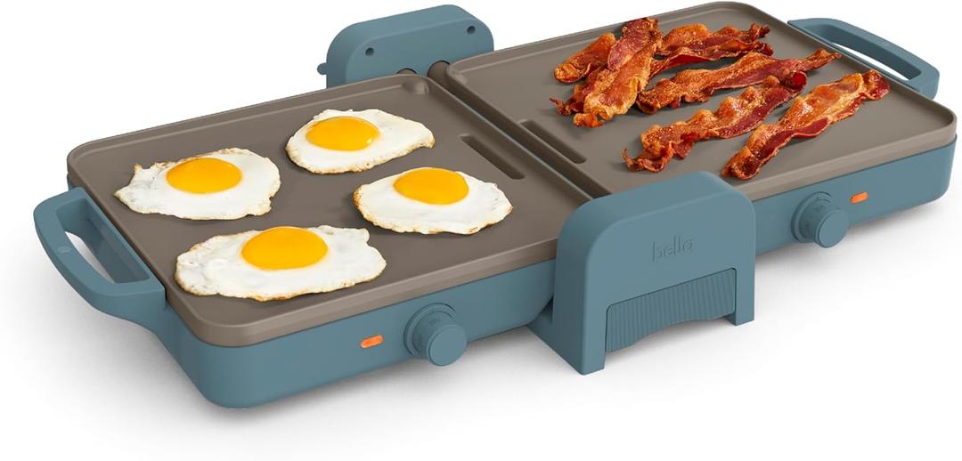 bella 10"x 20" Ceramic Fold-n-Store Dual Temp Griddle, Fits-anywhere Kitchenware, EverGood Ceramic Nonstick Coating, 2 Temperature Zones up to 400F, Dishwasher Safe Drip Tray, 1500 Watt, Surf