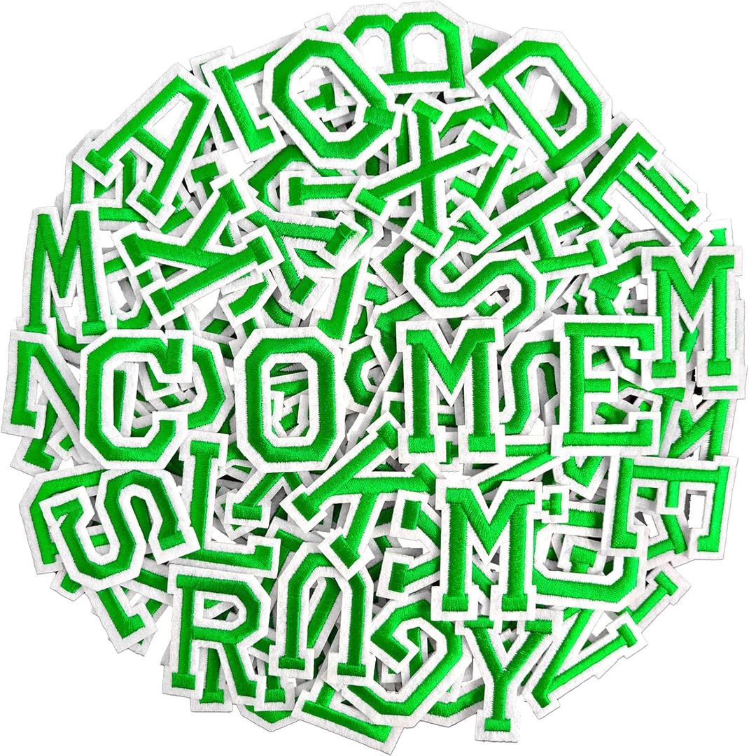 104pcs Green Iron on Letters Patches, Embroidery Fabric Letters Applique Patch for Clothing, Jackets, Jeans, Hats, Backpacks, Socks
