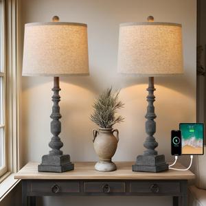 Oneach 27.75" Vintage Farmhouse USB A+C Table Lamps Set of 2 for Living Room Traditional Bedside Lamps for Bedroom Office Mid Century Table Lamp Antique Grey Accent Rustic Lamps for End Table
