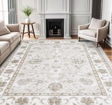 Smiry Floral Area Rug, 9x12 Feet Vintage Print Pattern, Machine Washable Non-Slip Floor Carpet, Low Pile Throw Rugs for Living Room, Bedroom, Dining Room, Laundry Indoor Home Decor, Beige