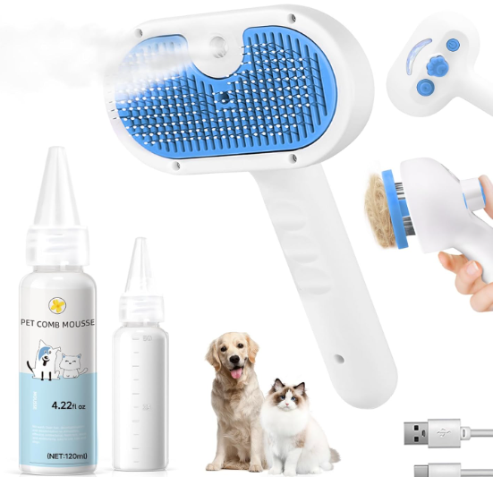 Pet Steam Brush for Dog & Cat  3in1 Steam Grooming Brush for Shedding & Hair Removal  Pet comb leavein serum with Mist for Long Haired Pets  Includes 2*Waterless Shampoo, Blue