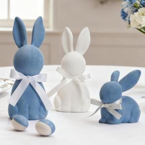 WDS WONDROUS Easter Decorations Bunny Figurines Set of 3, Flocked Rabbit Statues with Bows, Blue & White Resin Spring Home Decor for Tabletop Shelf Mantel Farmhouse Easter Decor Gifts
