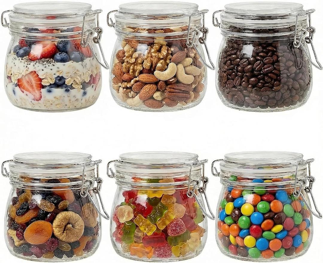 17oz Airtight Glass Jar with Lid, 6 Pack Clamp Lid Glass Storage Jars, Flip Top Food Storage Containers, Wide Mouth Thick Glass Jars for Yogurt Dessert Jam Sugar Snacks Overnight Oats Pantry Kitchen