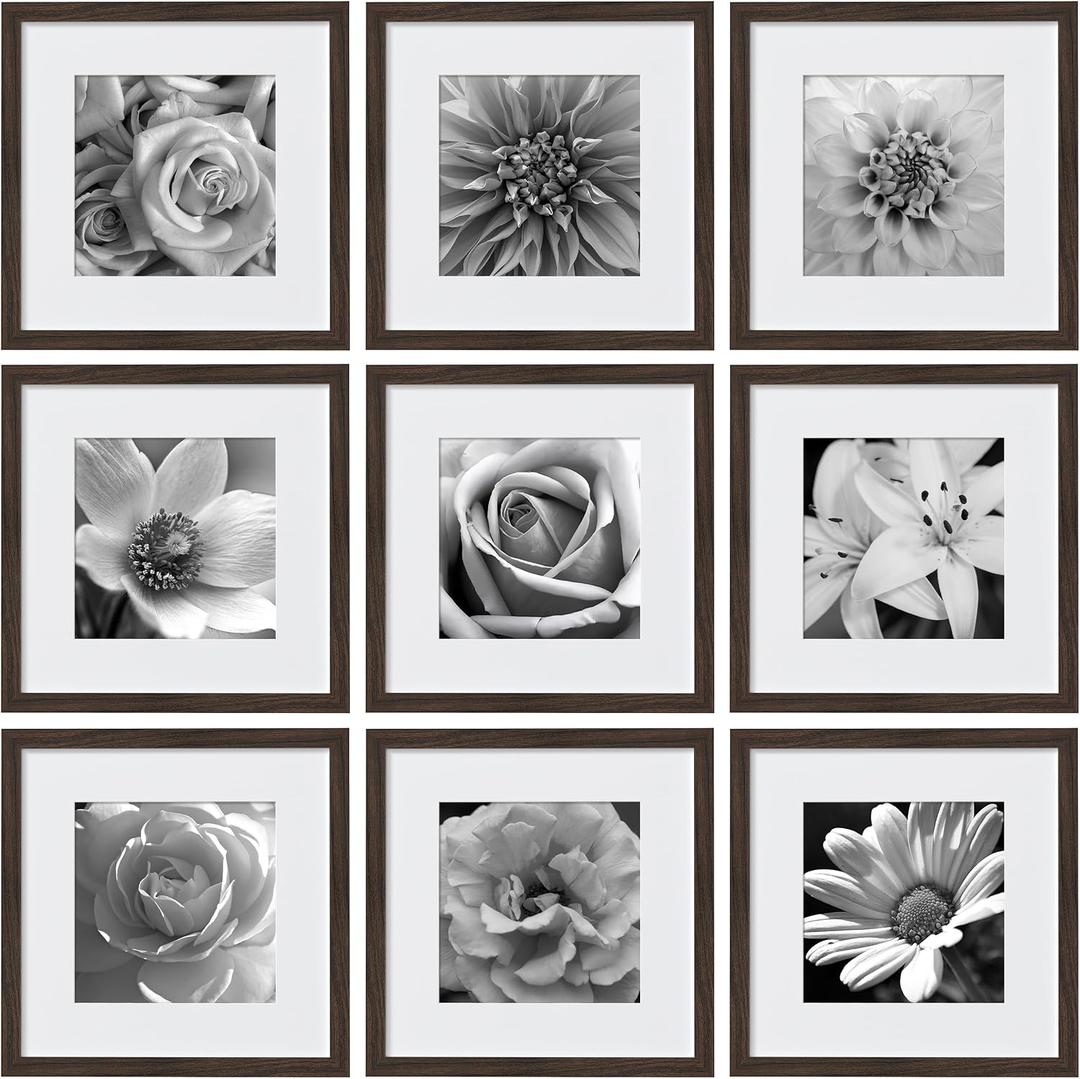 eletecpro 12x12 Picture Frames Set of 9 with Mat for 8x8 Photos or without Mat for 12x12, Square Gallery Wall Decor Collage for Picture Display, Walnut Brown Frame Set for Wall Hanging