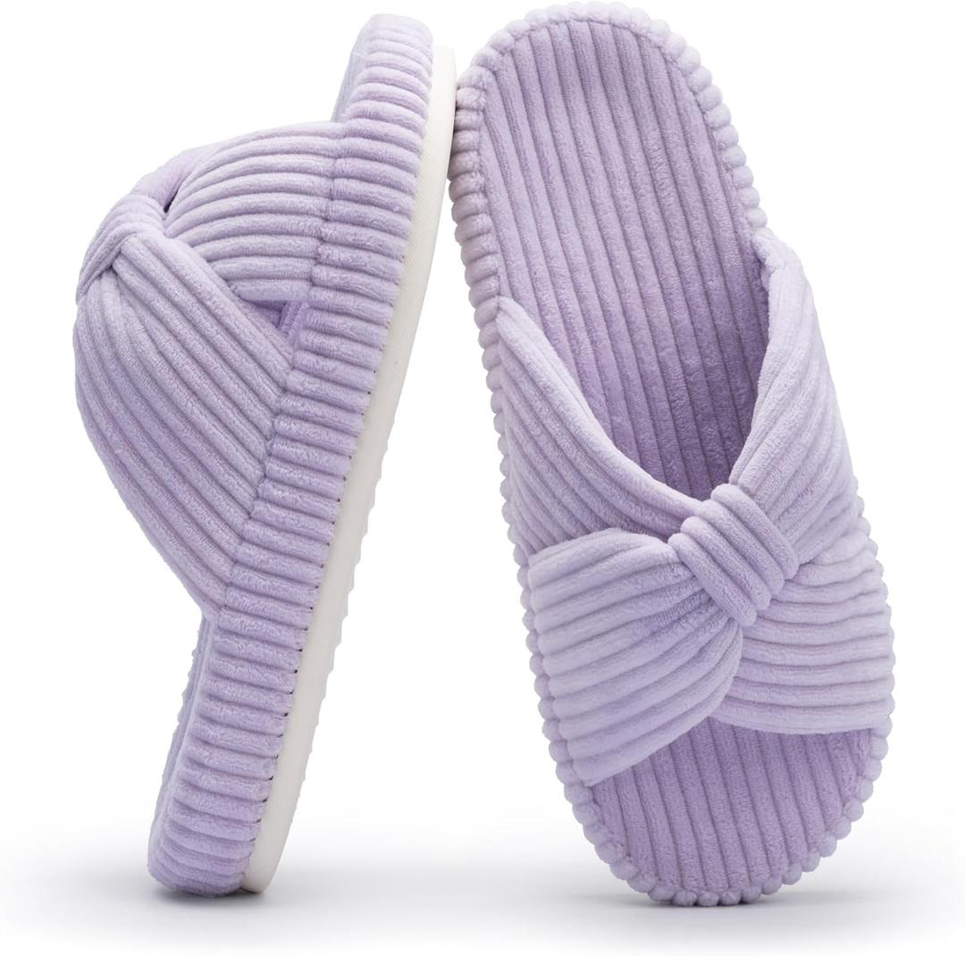 Chantomoo Slippers for Women Memory Foam House Bedroom Corduroy Bow Crossbands Slide Slipper Shoes Comfy Trendy Gift Slippers (11-12, Light Purple)