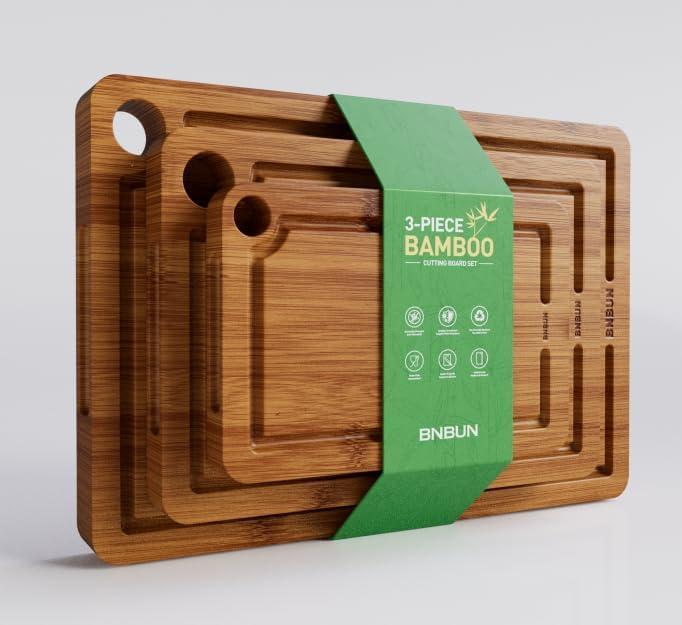 Bamboo Cutting Board for Kitchen, 3-Piece Set with Juice Grooves, Side Handles & Non-Slip Mats  Durable Bamboo Chopping Board for Meat, Vegetables and Fruits (Carbonized brown)