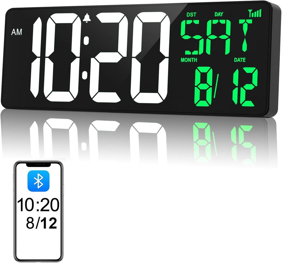 17 Inch Digital Wall Clock Large Display Bluetooth Sync Time, Auto-Dimming Large Digital Wall Clock with Remote, Date/Week/Temperature/DST, Plug-in Digital Clock for All Spaces Use, Gift