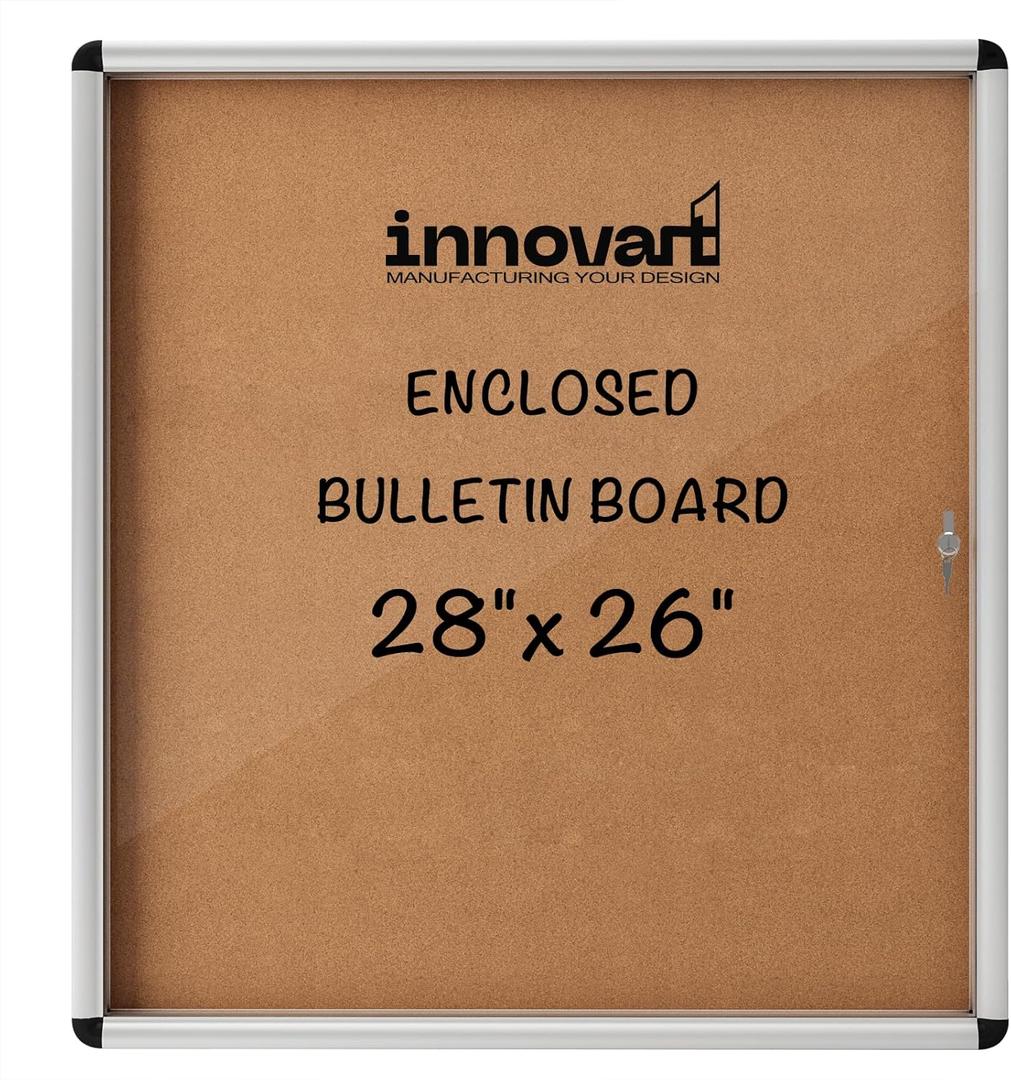 INNOVART Enclosed Bulletin Board 28x26, Weatherproof Bulletin Board Cork Noticeboard w/Aluminum Frame, Outdoor Wall Display Case w/Swing-Open Door, Information Cabinet for School, Office