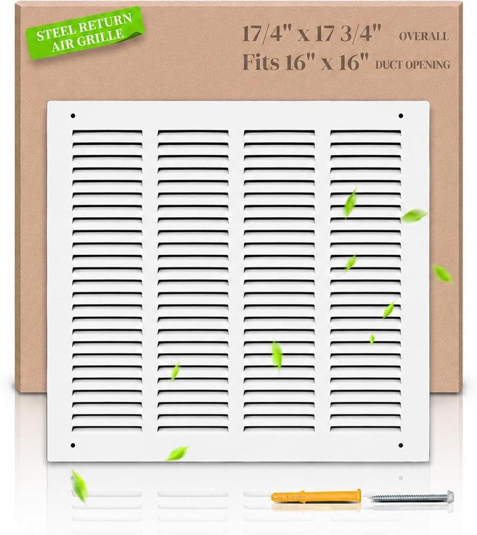 16"W x 16"H Return Air Grille [Duct Opening Size], Steel HVAC Return Air Vent Cover for Wall & Ceiling, White Powder-Coated Rust-Resistant AC Cold Air Return, Outer Dimensions 17.75"W x 17.75"H