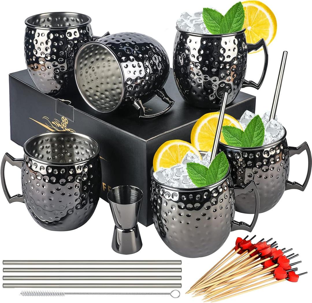 LINALL Moscow Mule Mugs- Set of 6 Gunmetal Black Plated 18oz Stainless Steel Mug Double Jigger Chilled Drink Cocktail Mug (6pcs)