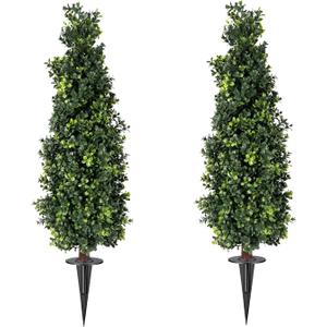2 Pack Artificial Boxwood Topiary Trees with Ground Spike, 2 FT Faux Boxwood Topiaries Cone Bushes Trees UV Resistant Artificial Shrubs for Indoor Outdoor Front Porch Garden, Boxwood-4