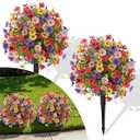 Alupssuc 2Pcs 20" Artificial Topiary Ball Flowers, Spring Outdoor Decoration with Spike, UV Resistant Faux Summer Plants, Faux Bushes Plants, Red Deep Purple Yellow Pink for Garden, Porch Decor