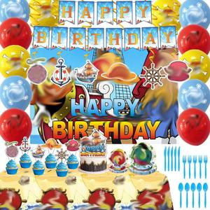 Anime Theme Birthday Party Supplies Decorations Including Birthday Banner, Backdrop, Hanging Swirls, Tablecloth, Balloons, Cake Toppers, Plates, Forks, Knives, Spoons for kids Party