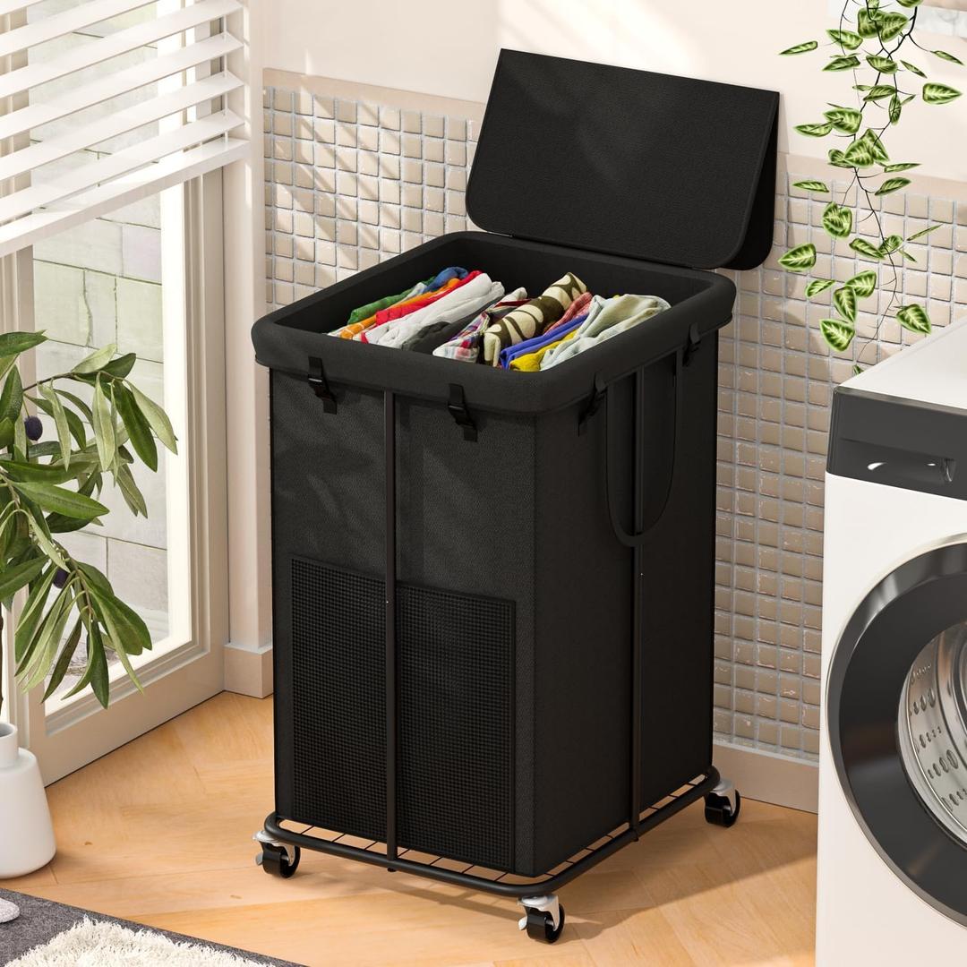 Large Laundry Hampers with Lid, Oxford Fabric Laundry Hampers, Metal Frame and Removable Bag Design with Wheels, Suitable for Bedroom, Bathroom, Dorm Room, Laundry Room (Black with Lid) (39.6GAL)