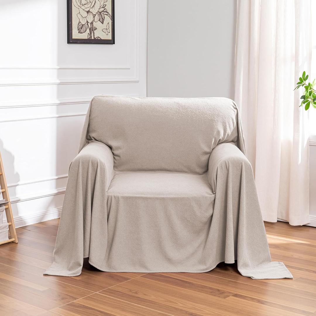 MEETSKY Small Couch Cover Oversized Armchair Sofa Covers Washable for Dogs Single Recliner Sofa Slipcover, Cat Scratch Proof Soft Sofa Throw Protector for Pets, 71" x 91", Oat