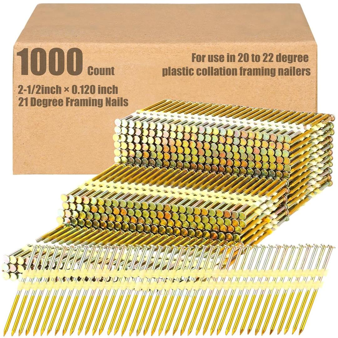 Pasimy 1000 Per Box 2-1/2 x 0.120 Inch Framing Nails 21 EG Degree Smooth Shank Plastic Collated Galvanized Full Round Head Framing Nails