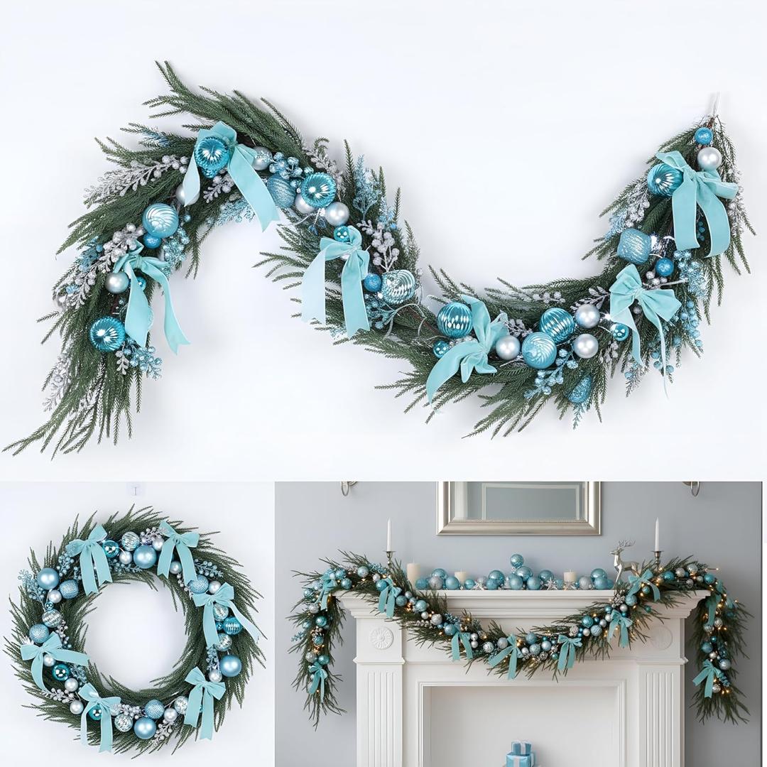 6Ft Christmas Garland with Light Prelit Artificial Norfolk Pine Garland with Bow Berry Stem Christmas Ball Real Touch Greenery Garlands for Mantle Fireplace Table Home Decor(Sky Blue)