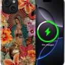 Case for iPhone 15 Plus [Compatible with MagSafe], Matte Soft Silicone + Hard PC Anti-Scratch Shockproof Protective 2-in-1 Case for Women Men - Virgin Mary Flower Collage