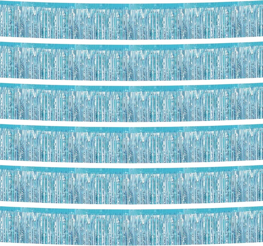 6 Pack 10 Feet Foil Fringe Garland Metallic Tinsel Streamers Banner Wall Hanging Curtain Backdrop Banner for Parade Floats, Thanksgiving, Christmas, Birthday, Halloween Party Decorations(Light Blue)