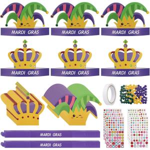Soulchen 48 Sets Mardi Gras Crowns Jester Hat Craft Kit with Pompoms Diamond Stickers Mardi Gras DIY Paper Hat Crown Headpiece for Carnival Craft Favors Supplies Decoration