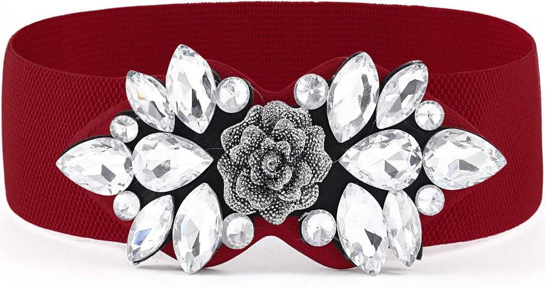 Rhinestone Stretch Belt Black Wide Formal Belt Women Red Belts Elastic Dressy Waist Accessories (X-Large)