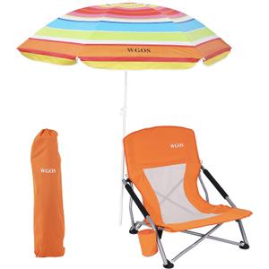 Beach Chair, Low Beach Chairs with Umbrella, Compack Portable Folding Festival Chairs, Chairs with Shade for Adult, with Cup Holder, Carry Bag, Heavy Duty, for Outdoors, BBQ (1-Pack Orange)