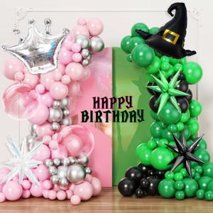 JOGAMS 222pcs Pink and Green Balloon Arch Garland Kit with Black Silver Crown Iridescent Exploding Star Bubble Wizard Hats Balloons for Princess Witch Themed Birthday Baby Shower Decorations