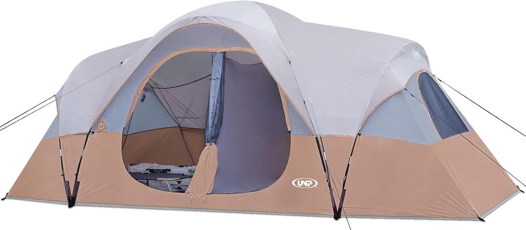 UNP Camping Tent 10-Person-Family Tents, Parties, Music Festival Tent, Big, Easy Up, 5 Large Mesh Windows, Double Layer, 2 Room, Waterproof, Weather Resistant, 18ft x 9ft x78in (10 Person Tent, Khaki Brown)
