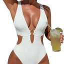 Women Sexy High Cut Cheeky One Piece Swimsuits Monokini Plunge V Neck Cutout Bathing Suit Beach Pool Party Rave Outfits White, 8-10