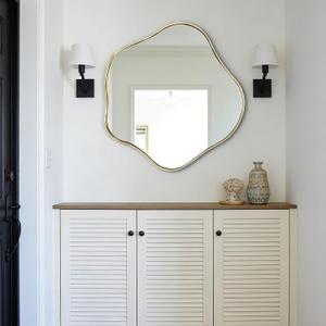 Asymmetrical Wall Mirror, 24" Irregular Shaped Mirror with Gold Frame, Wavy Round Mirrors Decorative, Modern Scalloped Mirrors for Living Room Bathroom Bedroom Hallway Entryway Fireplace