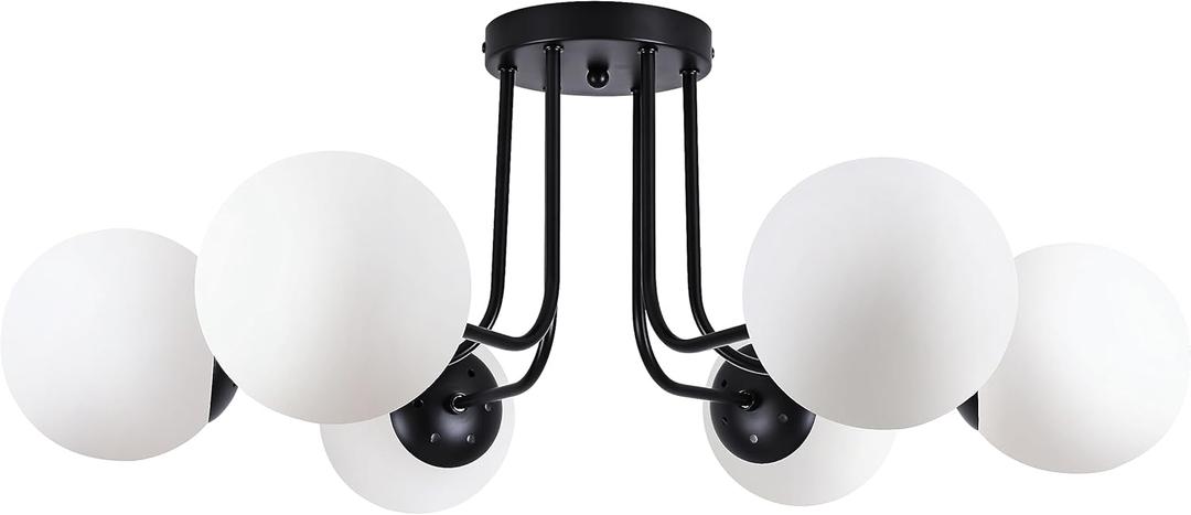 KoKo&Yukina 6-Light Modern Semi Flush Mount Ceiling Light Fixture Mid Century Ceiling Light Globe Ceiling Light with Milk Glass Shade Matte Black Finish for Bedroom Hallway Dining Room Living Room