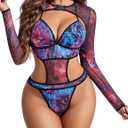 Avidlove Rave Outfits for Women Festival Sexy Lingerie Bodysuit Buckle Shrug Crop Top Set, Purple Tie Dye, Medium