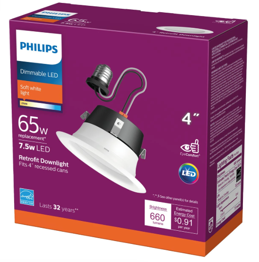 PHILIPS Dimmable LED  Soft White Light 65W, 7.5W LED Retrofit Downlight  